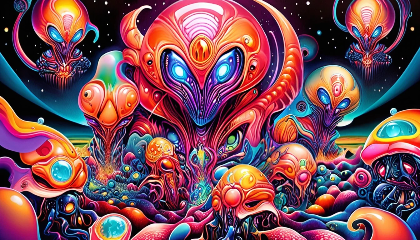 Perolinga aliens 、 psychedelic style nanoinfused mutants,  mutants with nanobots integrated into the body ,   mutants with nanobots built into the body  ,  dark nebula in the background , .  vibrant colors, Swirling pattern, Abstract Forms ,  surreal, Trippy