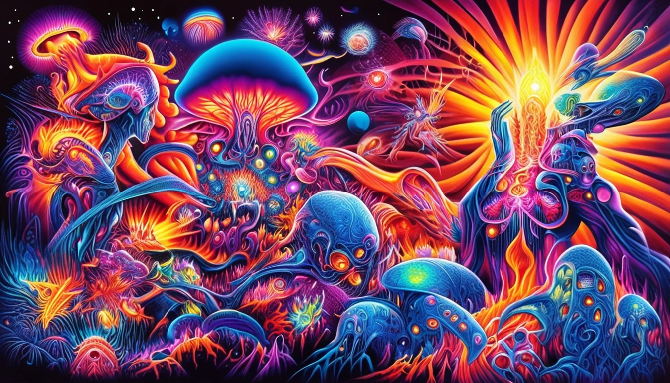 Perolinga aliens 、Kirlian Pictures、 psychedelic style nanoinfused mutants,  mutants with nanobots integrated into the body ,   mutants with nanobots built into the body  ,  dark nebula in the background , .  vibrant colors, Swirling pattern, Abstract Forms ,  surreal, Trippy