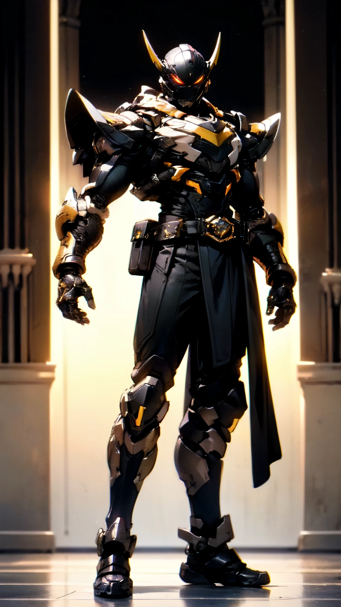a man with a sleek yet tactical armored leather military trench coat, flat masculine chest, mechanical mecha knight head with a narrow visor, sleek and revealing armor plated under suit with waist cut outs, beautifully engraved upper arm and shoulder armor, androgynous charm with slim yet heavily muscled physique, sylphlike with a sleek waist, toned yet beautifully sleek cybernetic arms and mechanical arms and legs, mecha muscles, brass metal armor and brown leather, dieselpunk, best quality, 4k, 8k, highres, masterpiece, ultra-detailed, realistic, photorealistic, photo-realistic, HDR, UHD, studio lighting, ultra-fine painting, sharp focus, physically-based rendering, extreme detail description, professional, vivid colors, bokeh, portraits, concept art