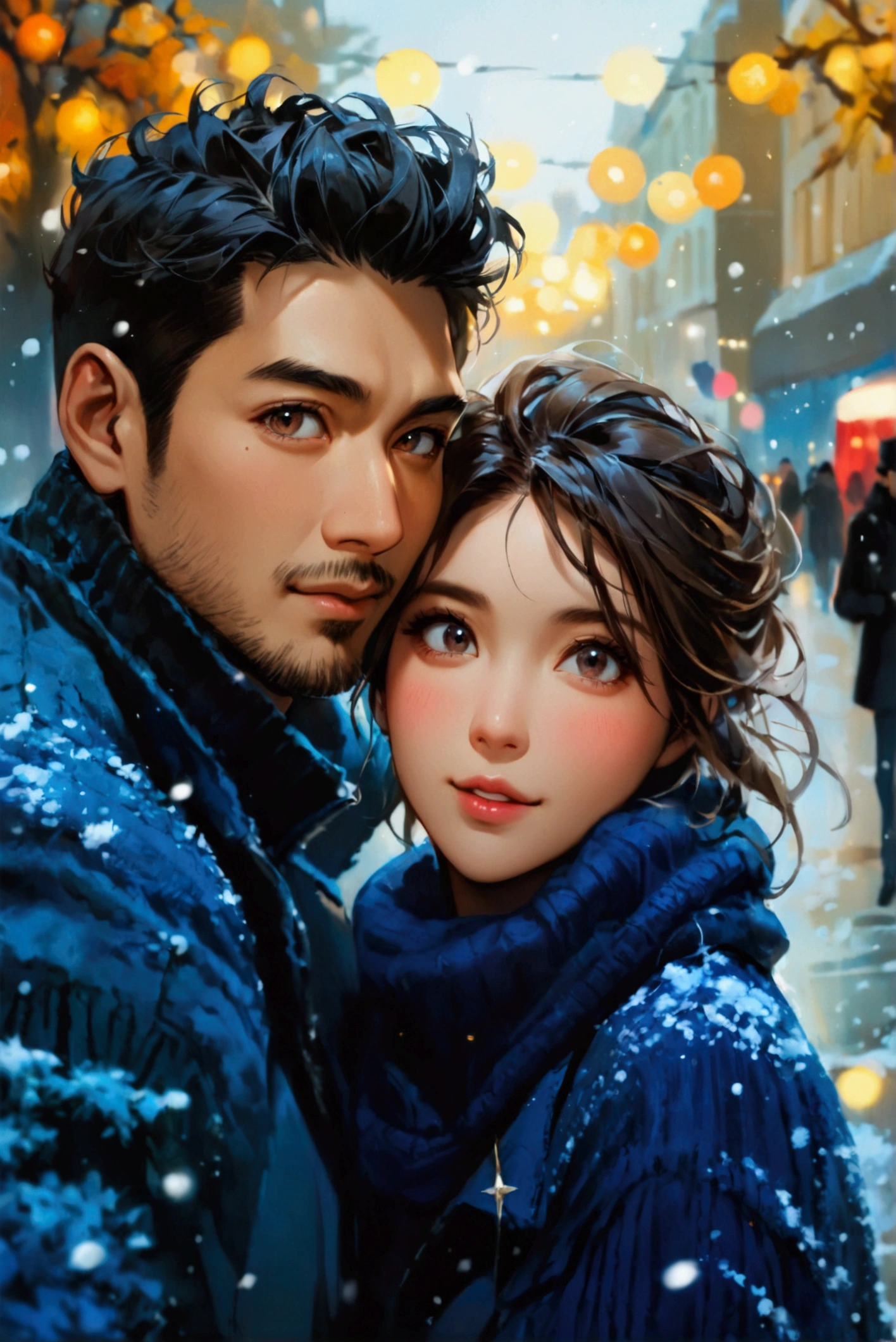 Portray a full shot of an international couple walking arm in arm amid London's winter magic. The couple is looking directly in to the camera exposing their gentle blushes. The couple features an Asian man in his thirties and a white European woman in her twenties. The man has a strong square face, light brown skin, golden undertone, round black eyes, low cheek bones, a prominent nose, and short black hair. He is dressed in a blue stadium jacket. The pretty oval face of the European woman is defined by almond eyes in light hazel color, low cheek bones, prominent nose, blonde hair and fair complexity. She is dressed in a blue sweater. London background on a chilly evening with gray sky, ((full shot)), ((looking at viewer)), ((Asian man)), ((European woman)), (couple shot), ((wide view)), highly detailed, soft lighting, natural makeup, vibrant colors, ((prominent nose)), ((excited expression)), ((from below)), 