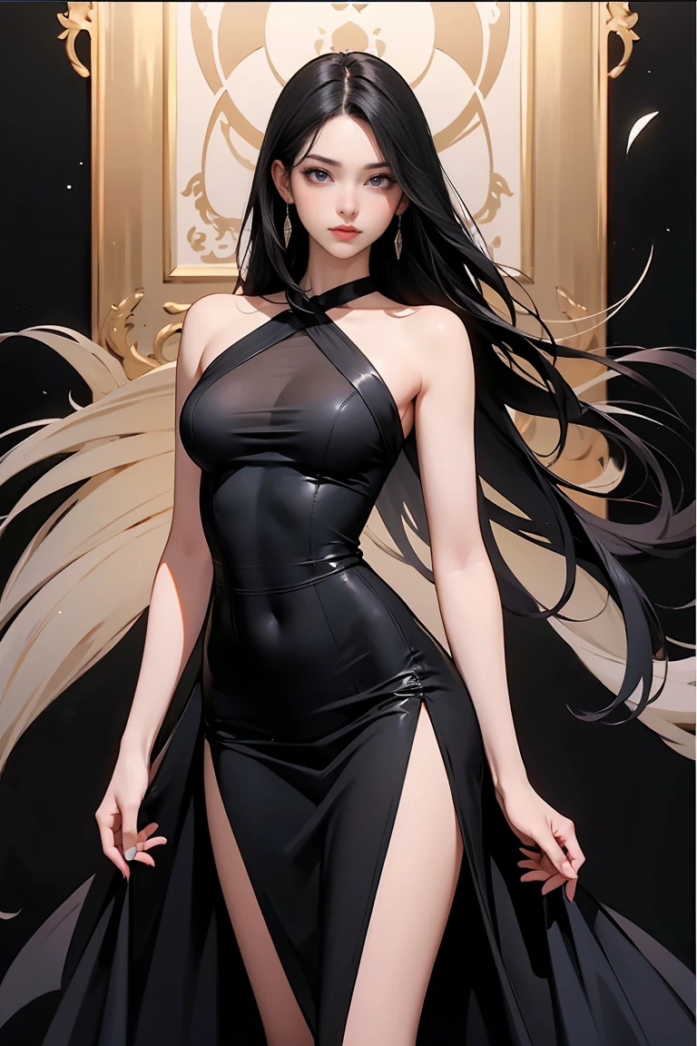 8k, hight quality, best quality, preteenager, lunar on the cheek, clean armpits,  thin waist, black hair, long hair, brunette skin, orange eyes, sexy look, (waifu), big legs, vestido negro, shotrs pant dress, big hips, stand up, red lips.