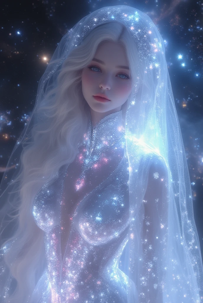 A 19-year-old European and Russian woman ,  with pure white hair like the snow that falls in waves, laegi ,  heavenly eyes ,  Pale and luminous skin . She wears a white Arabian style dress with diamonds embedded in colors simulating a galaxy in the dress and a matching veil, she is in the middle of a galaxy floating among the stars that illuminate her, she looks ethereal, bright and dazzling, like a goddess of the sky, quality hd 4k masterpiece . 