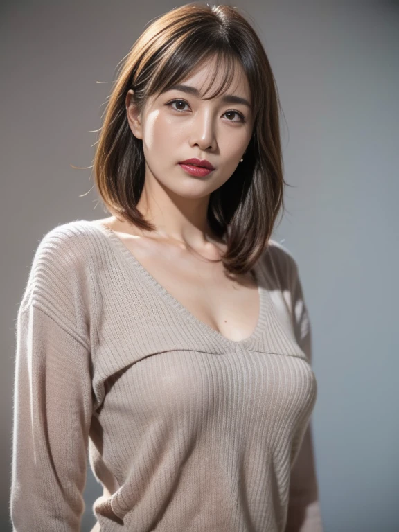 High resolution, masterpiece, Irritated skin, Very detailed, Photorealistic, Professional Lighting, Written boundary depth, sharp, (Gray background), (Front view：1.2),(Japanese Mature, 38 year old women are sexy:1.0), Detailed face, Beautiful Eyes, bangs, Shapely large breasts, Light brown straight hair, Faint lips, (Catch Eye:1.3),((Stand in front、Look at the audience, Serious face eyes,)), (Ultra-thin sweater:1.2), theta, Full body photo, Cowboy Shot、 Big Breasts 、Nipples、 facing the front 、Red lipstick、(( crying with tears )), wide open chest 、４０Old woman