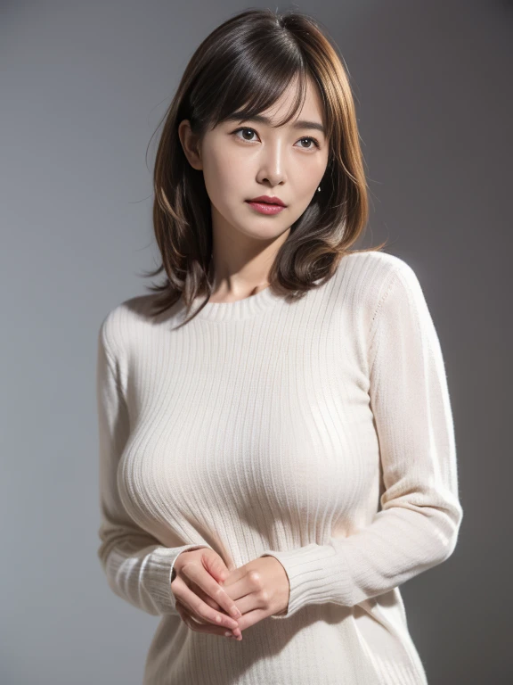 High resolution, masterpiece, Irritated skin, Very detailed, Photorealistic, Professional Lighting, Written boundary depth, sharp, (Gray background), (Front view：1.2),(Japanese Mature, 38 year old women are sexy:1.0), Detailed face, Beautiful Eyes, bangs, Shapely large breasts, Light brown straight hair, Faint lips, (Catch Eye:1.3),((Stand in front、Look at the audience, Serious face eyes,)), (Ultra-thin sweater:1.2), theta, Full body photo, Cowboy Shot、 Big Breasts 、Nipples、 facing the front 、Red lipstick、(( crying with tears )), wide open chest 、４０Old woman