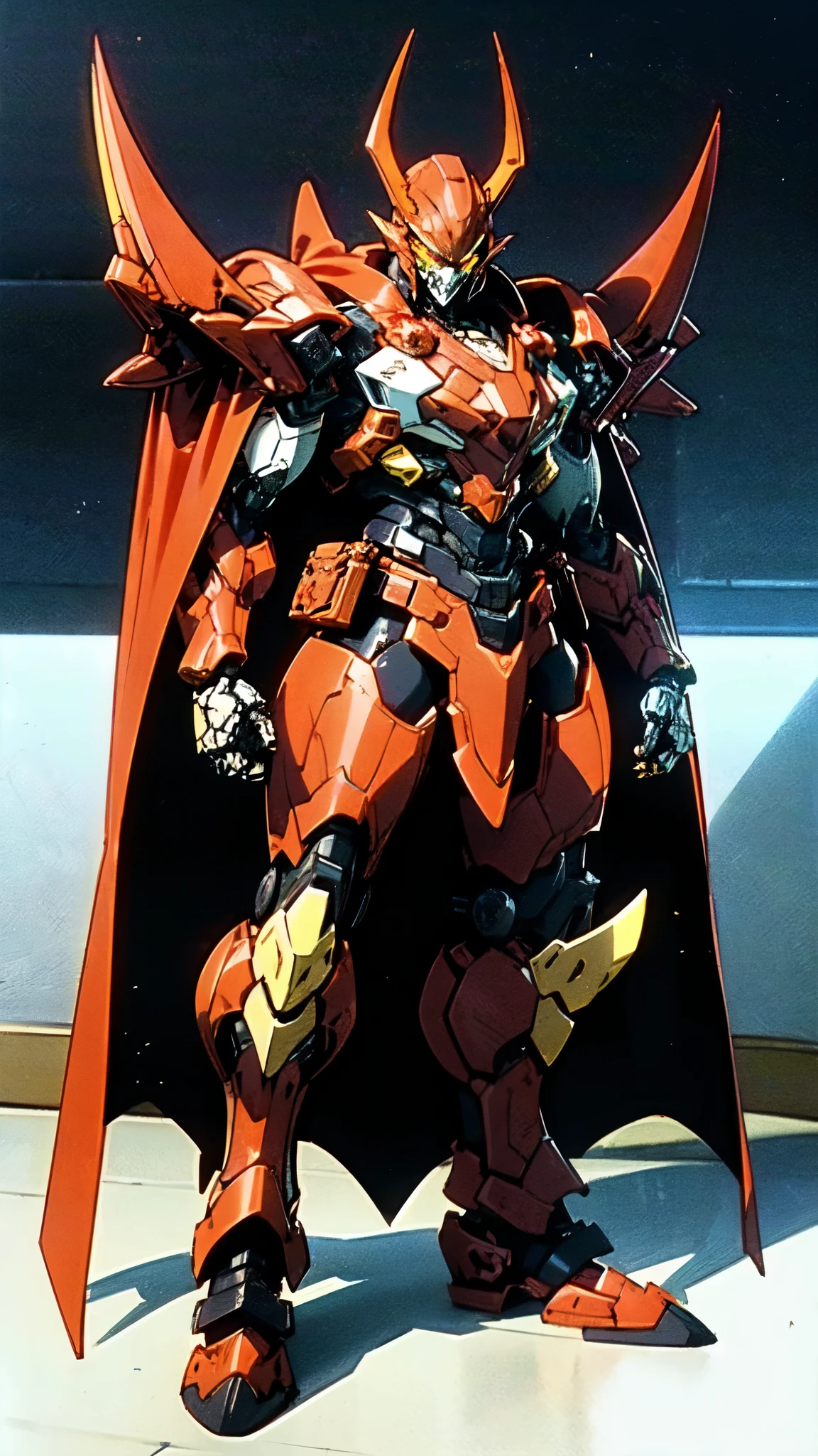 (masterpiece:1.5, best quality:1.5, extremely delicate:1.5), ((male:1.5)), a man wearing a full-face helmet, high-tech biomimetic armored combat suit, (a composite layered chest armor), the design balances heavy with agility, fully enclosed shoulder guards, matching arm and leg guards, a belt of gemstone, (the color scheme is primarily Yellow with Red and Purple accents, Organic Biotech, Concept Inspired by Vampire, glowing eyes, armor glows, huge cloak like devil wings, blood), stand of a futuristic sci-fi city, this character embodies a finely crafted fantasy-style armored hero in anime style, exquisite and mature art style, metallic, high definition, highres, ultra-detailed, ultra-fine painting, professional, perfect body proportions, golden ratio, anatomically correct, symmetrical face, extremely detailed eyes and face, high quality eyes, creativity, RAW photo, UHD, 32k, Natural light, cinematic lighting, (masterpiece-anatomy-perfect:1.2)