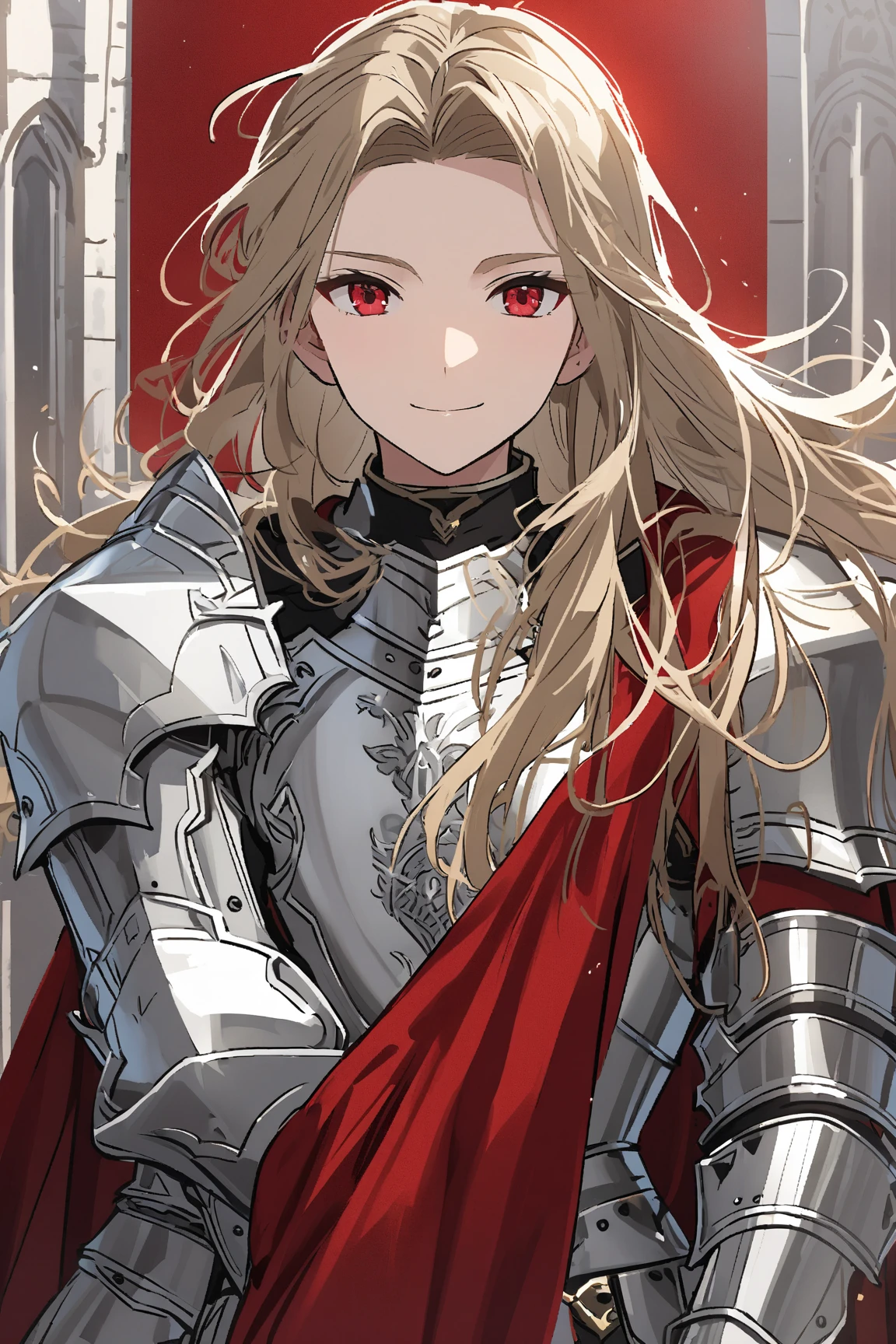 One Beautiful face young boy, Red ruby eyes, medieval gold long hair, silver knight heavy Armour, Red cloth, Paladin, Sacred. Smile, no helmet