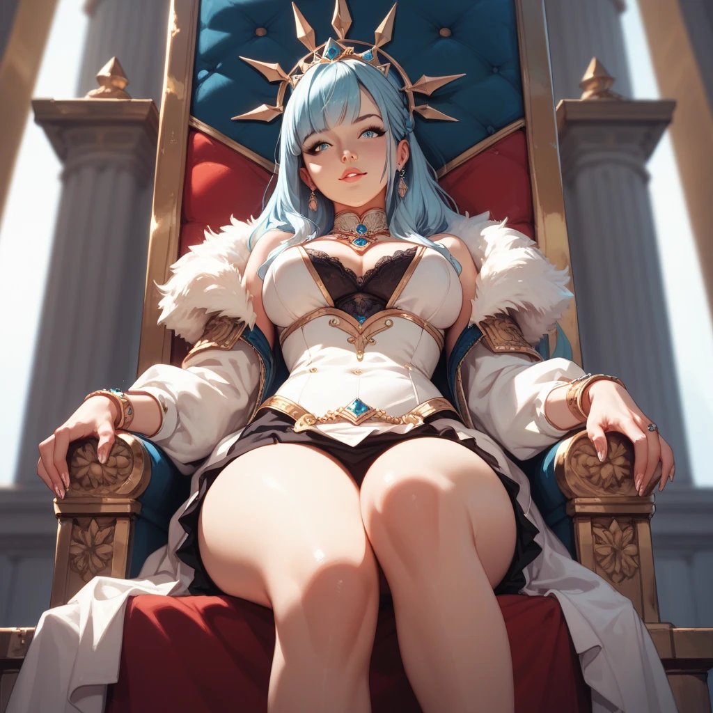 ((masterpiece)),((best quality)),ultra-detailed,illustratio,Explicit,Beautiful body,Beautiful Nose,Beautiful character design,perfect eyes,perfect face,wallpaper,ultra highres,4K,photography,(Beautiful breasts),(beautiful face),(beautiful legs, perfect legs),shiny skin,anime screencap,official style,BREAK,1girl,goddess,38 years old,grey long hair,crown,wearing luxurious long off-shoulder dress,have deluxe scepter, BREAK,smile,sitting luxurious throne,BREAK, in Royal Palace,looking at viewer,((full body)),from forward