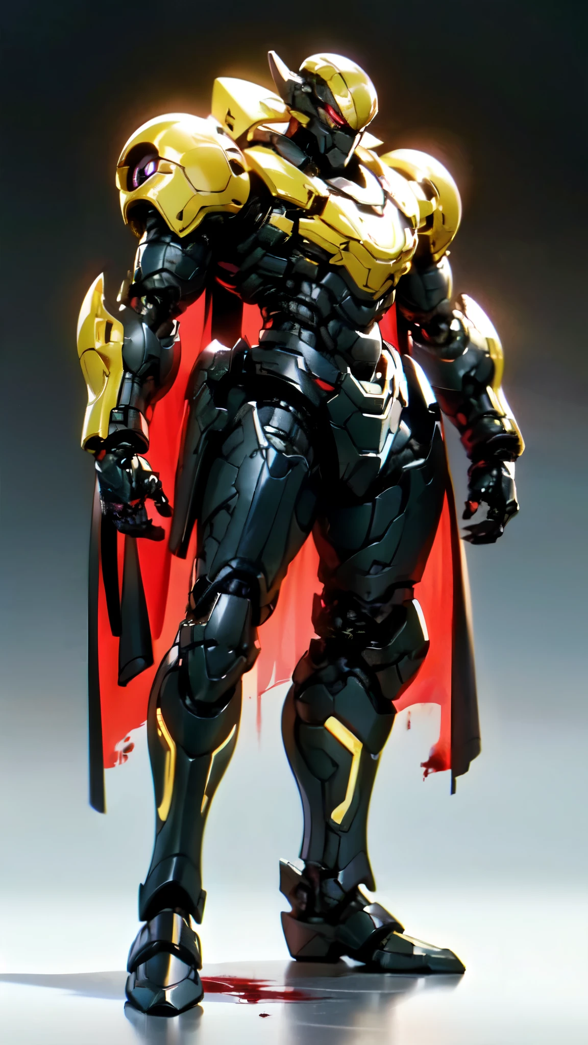 (masterpiece:1.5, best quality:1.5, extremely delicate:1.5), ((male:1.5)), a man wearing a full-face helmet, high-tech biomimetic armored combat suit, (a composite layered chest armor), the design balances heavy with agility, fully enclosed shoulder guards, matching arm and leg guards, a belt of gemstone, (the color scheme is primarily Yellow with Red and Purple accents, Organic Biotech, Concept Inspired by Vampire, glowing eyes, armor glows, huge cloak like devil wings, blood), stand of a futuristic sci-fi city, this character embodies a finely crafted fantasy-style armored hero in anime style, exquisite and mature art style, metallic, high definition, highres, ultra-detailed, ultra-fine painting, professional, perfect body proportions, golden ratio, anatomically correct, symmetrical face, extremely detailed eyes and face, high quality eyes, creativity, RAW photo, UHD, 32k, Natural light, cinematic lighting, (masterpiece-anatomy-perfect:1.2)