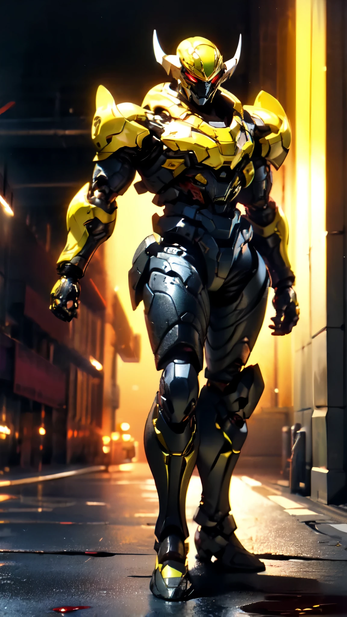 (masterpiece:1.5, best quality:1.5, extremely delicate:1.5), ((male:1.5)), a man wearing a full-face helmet, high-tech biomimetic armored combat suit, (a composite layered chest armor), the design balances heavy with agility, fully enclosed shoulder guards, matching arm and leg guards, a belt of gemstone, (the color scheme is primarily Yellow with Red and Purple accents, Organic Biotech, Concept Inspired by Vampire, glowing eyes, armor glows, huge cloak like devil wings, blood), stand of a futuristic sci-fi city, this character embodies a finely crafted fantasy-style armored hero in anime style, exquisite and mature art style, metallic, high definition, highres, ultra-detailed, ultra-fine painting, professional, perfect body proportions, golden ratio, anatomically correct, symmetrical face, extremely detailed eyes and face, high quality eyes, creativity, RAW photo, UHD, 32k, Natural light, cinematic lighting, (masterpiece-anatomy-perfect:1.2)