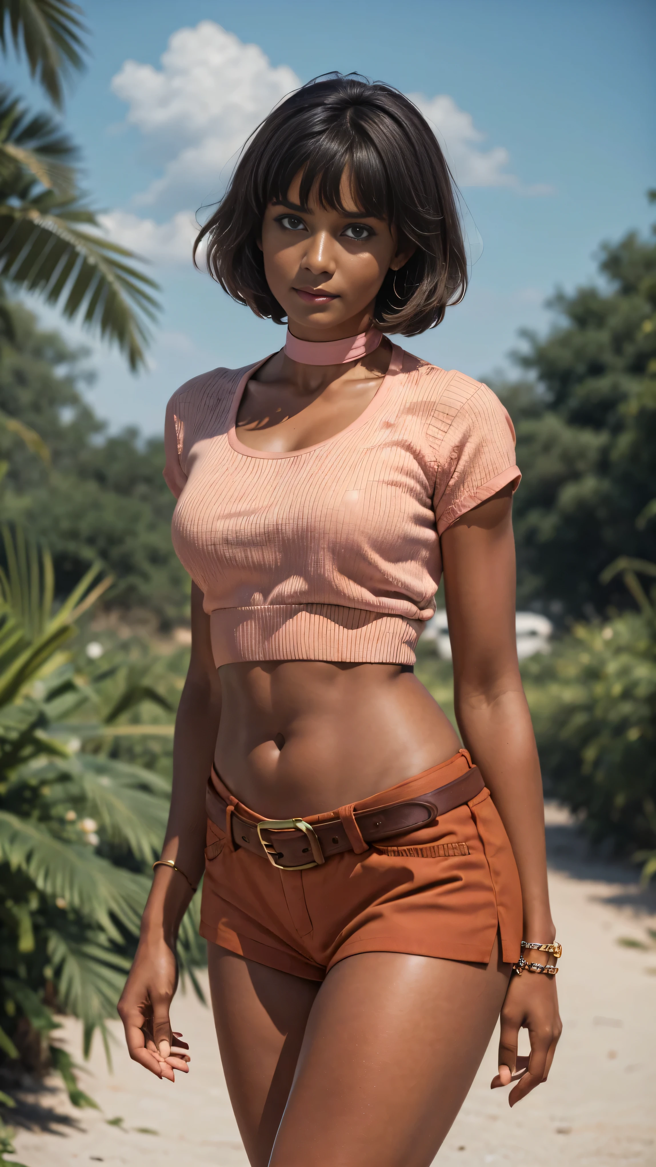 Very beautiful Soviet actress Natalya Varley, hot and sexy model, very tanned dark skin, brunette, bob hairstyle with bangs, straight bangs, flawless facial features, southern type, brown eyes, dimples, summer makeup, slender and very beautiful figure, slender physique, Natalya Varley is dressed in a pink cropped knitted t-shirt with short sleeves and very short sexy-micro-shorts with a belt, long slender sexy tanned legs, a slave choker on her neck, perfect hands, manicure, long thin fingers with rings, massive slave bracelets on her wrists, Natalya Varley poses very seductively, Natalya Varley is affected and flirtatious, hot summer outfit, Daisy Dukes style, Soviet retro style, highest quality, hyperrealism, perfect rendering of all the details, very hot summer, bright saturated colors, impeccable aesthetics