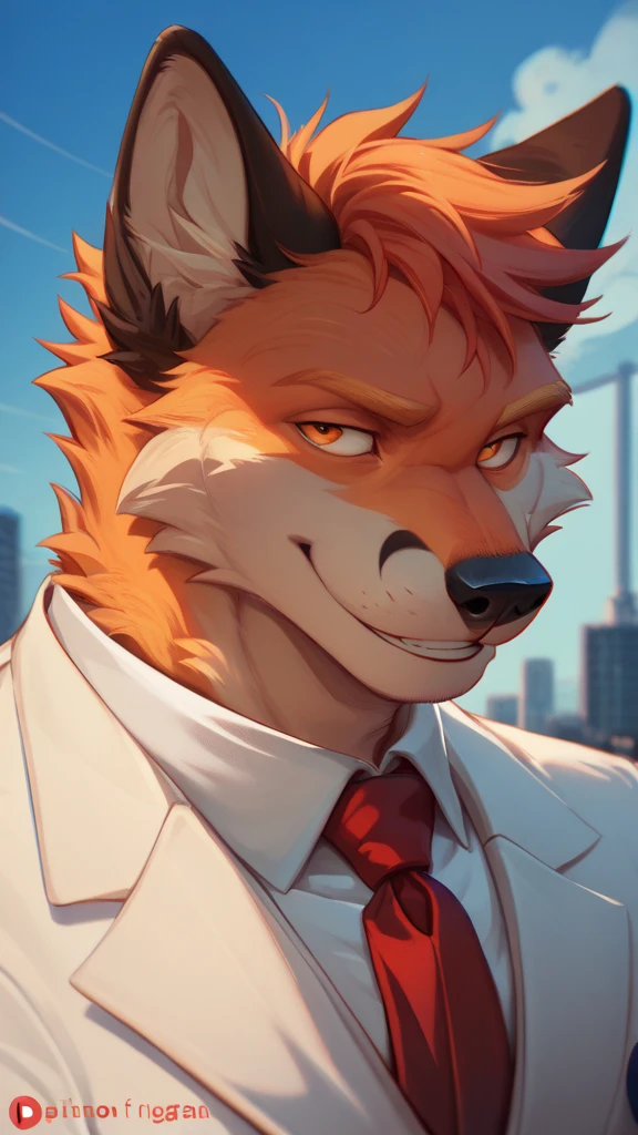 Kurama furry antrho muscular fox formal suit close to the body city orange fur eyes red blood red sexy smile look at the spectator cuerpo completo 