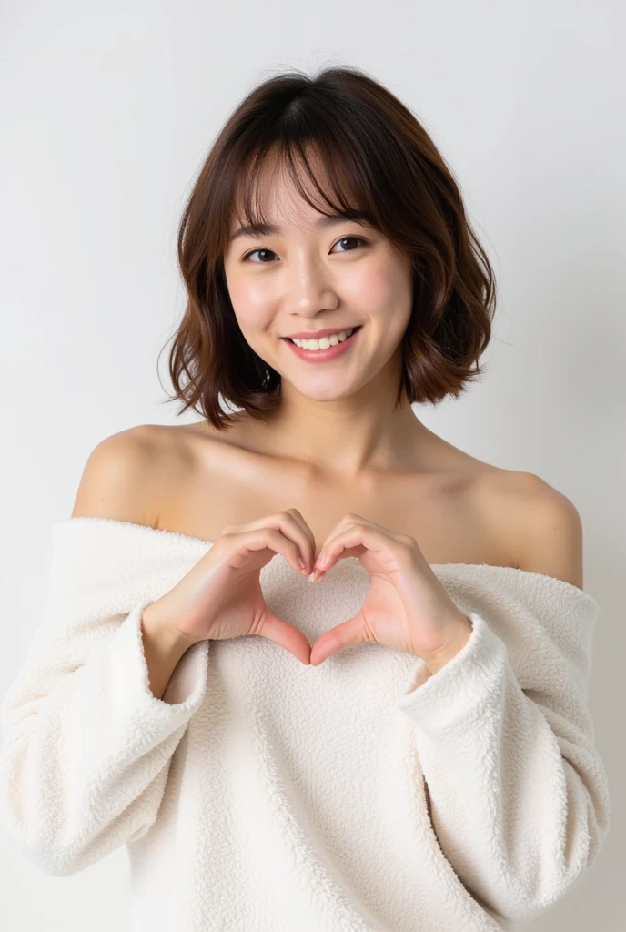  only one woman with a cute smile is cute,  fluffy off-shoulder pajamas ,  make a big heart with both hands , Hold it in front of your chest , View above the collarbone、  background is monotone  

