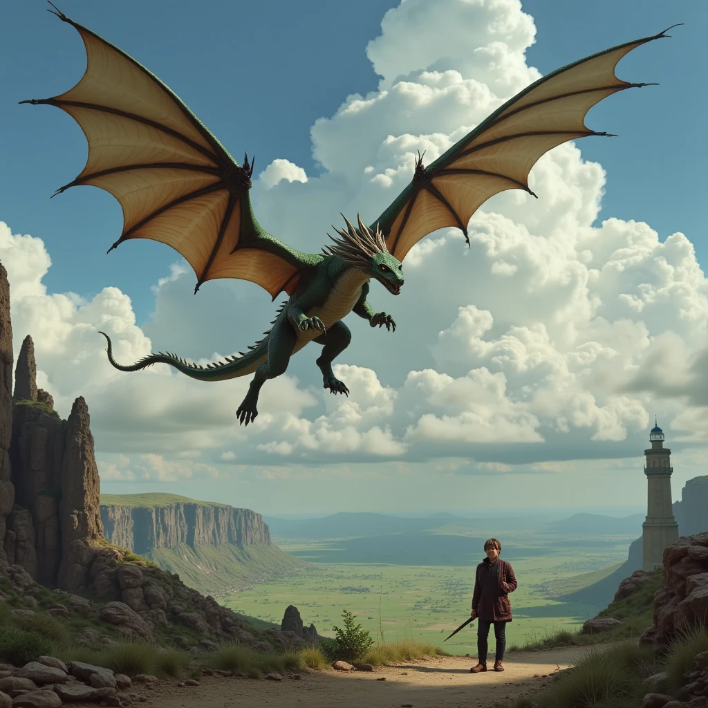 A man riding a 112 meter large dragon and she flying on it,the dragon is giant and has red scales and green skin, the dragon is gigantic and the man is barely visible due to the size of the dragon