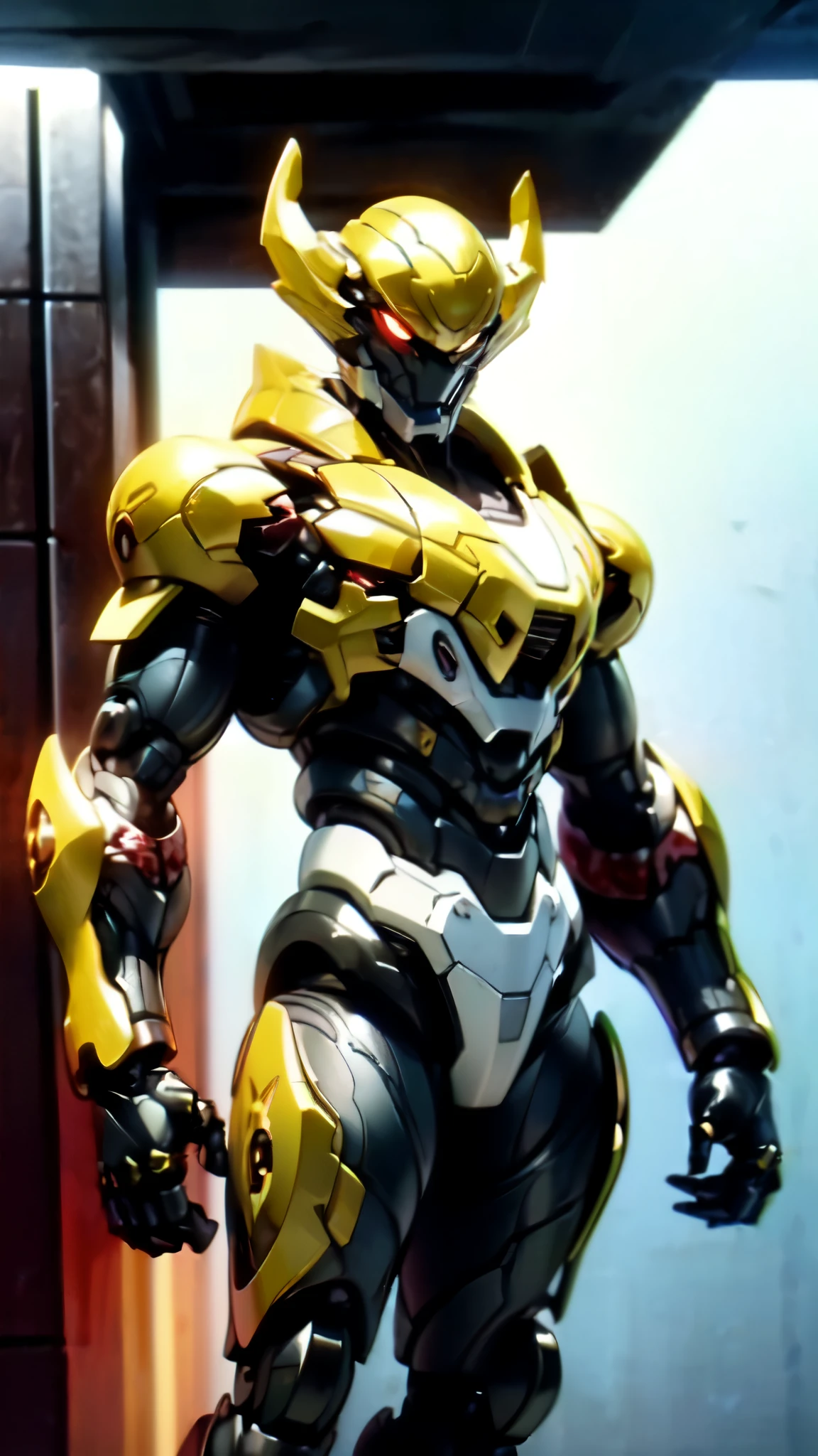 (masterpiece:1.5, best quality:1.5, extremely delicate:1.5), ((male:1.5)), a man wearing a full-face helmet, high-tech biomimetic armored combat suit, (a composite layered chest armor), the design balances heavy with agility, fully enclosed shoulder guards, matching arm and leg guards, a belt of gemstone, (the color scheme is primarily Yellow with Red and Purple accents, Organic Biotech, Concept Inspired by Vampire, glowing eyes, armor glows, huge cloak like devil wings, blood), stand of a futuristic sci-fi city, this character embodies a finely crafted fantasy-style armored hero in anime style, exquisite and mature art style, metallic, high definition, highres, ultra-detailed, ultra-fine painting, professional, perfect body proportions, golden ratio, anatomically correct, symmetrical face, extremely detailed eyes and face, high quality eyes, creativity, RAW photo, UHD, 32k, Natural light, cinematic lighting, (masterpiece-anatomy-perfect:1.2)