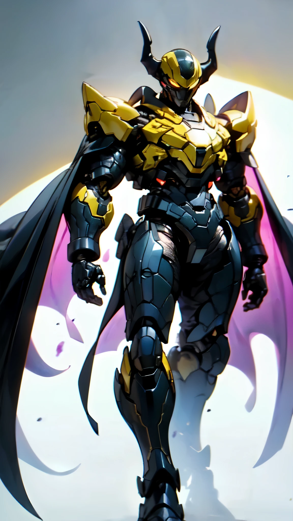 (masterpiece:1.5, best quality:1.5, extremely delicate:1.5), ((male:1.5)), a man wearing a full-face helmet, high-tech biomimetic armored combat suit, (a composite layered chest armor), the design balances heavy with agility, fully enclosed shoulder guards, matching arm and leg guards, a belt of gemstone, (the color scheme is primarily Yellow with Red and Purple accents, Organic Biotech, Concept Inspired by Vampire, glowing eyes, armor glows, huge cloak like devil wings, blood), stand of a futuristic sci-fi city, this character embodies a finely crafted fantasy-style armored hero in anime style, exquisite and mature art style, metallic, high definition, highres, ultra-detailed, ultra-fine painting, professional, perfect body proportions, golden ratio, anatomically correct, symmetrical face, extremely detailed eyes and face, high quality eyes, creativity, RAW photo, UHD, 32k, Natural light, cinematic lighting, (masterpiece-anatomy-perfect:1.2)