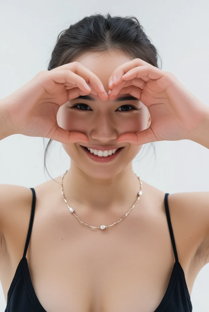 A smiling woman is standing 、 camisole with her hands in the shape of a big heart,  wearing a , Hold , View above the collarbone、  background is monotone  、
