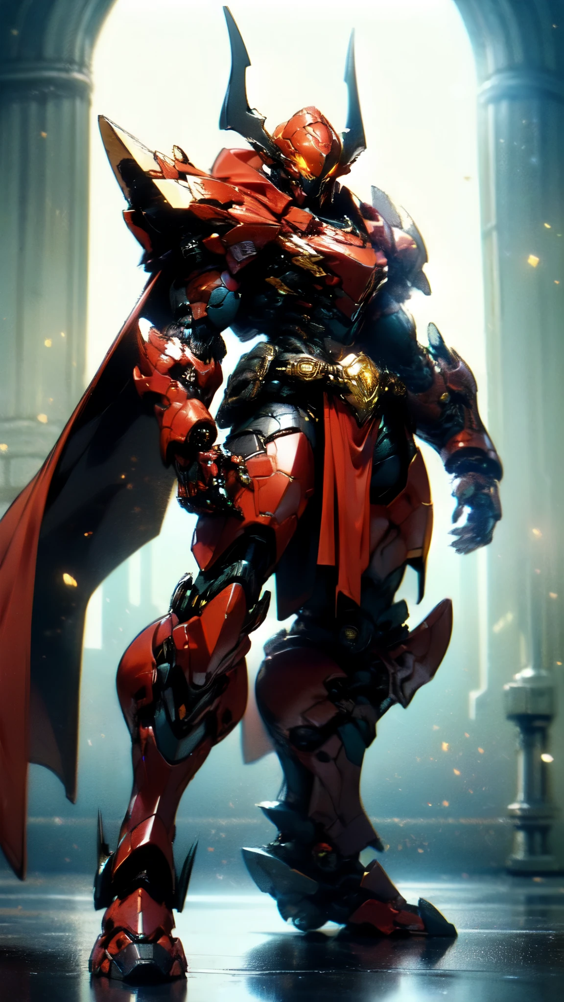 (masterpiece:1.5, best quality:1.5, extremely delicate:1.5), ((male:1.5)), a man wearing a full-face helmet, high-tech biomimetic armored combat suit, (a composite layered chest armor), the design balances heavy with agility, fully enclosed shoulder guards, matching arm and leg guards, a belt of gemstone, (the color scheme is primarily Yellow with Red and Purple accents, Organic Biotech, Concept Inspired by Vampire, glowing eyes, armor glows, huge cloak like devil wings, blood), stand of a futuristic sci-fi city, this character embodies a finely crafted fantasy-style armored hero in anime style, exquisite and mature art style, metallic, high definition, highres, ultra-detailed, ultra-fine painting, professional, perfect body proportions, golden ratio, anatomically correct, symmetrical face, extremely detailed eyes and face, high quality eyes, creativity, RAW photo, UHD, 32k, Natural light, cinematic lighting, (masterpiece-anatomy-perfect:1.2)