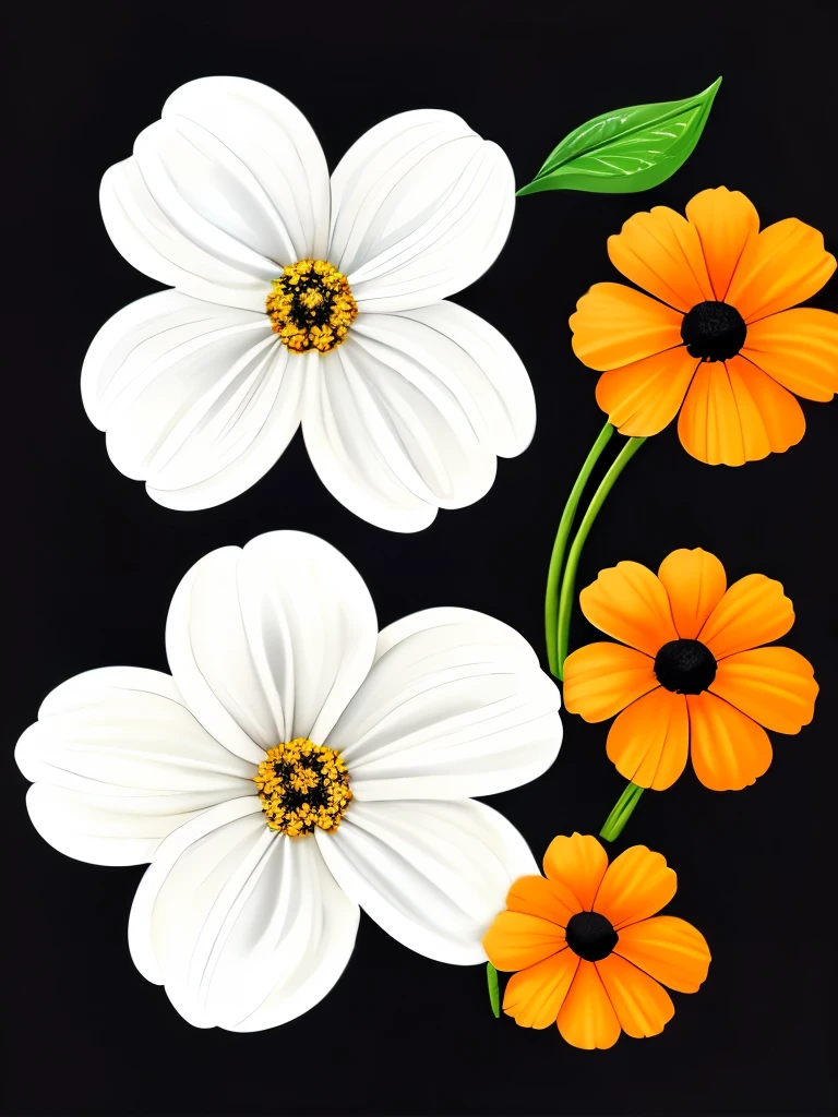 painting of three white flowers with orange petals on a black background, beautiful!!! digital art, beautiful detail and color, orange flowers, elegant flowers, beautiful flowers, glowing flowers, beautiful gorgeous digital art, wow it is beautiful, beautiful design, beautiful!!!!!!!!!, flowers!!!!, beautiful!!!!!!!!!!!!, beautiful flower, dark sienna and white, brown flowers, beautiful depiction