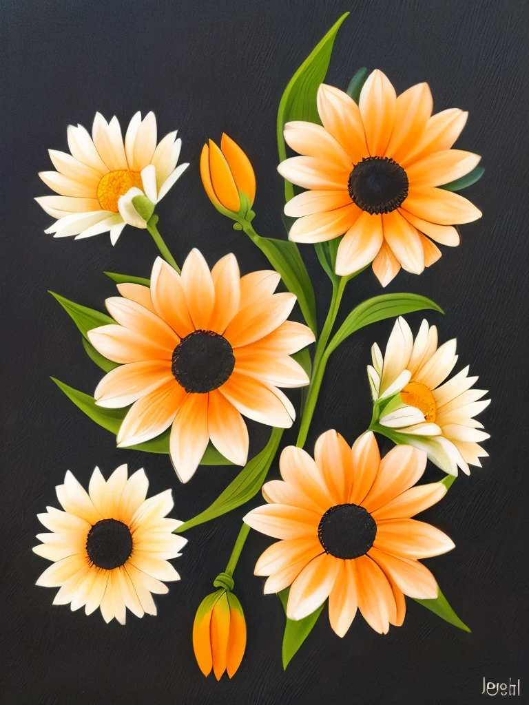 painting of three white flowers with orange petals on a black background, beautiful!!! digital art, beautiful detail and color, orange flowers, elegant flowers, beautiful flowers, glowing flowers, beautiful gorgeous digital art, wow it is beautiful, beautiful design, beautiful!!!!!!!!!, flowers!!!!, beautiful!!!!!!!!!!!!, beautiful flower, dark sienna and white, brown flowers, beautiful depiction