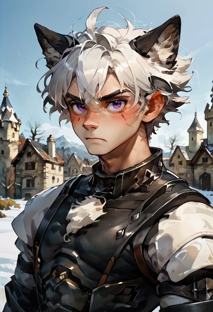 Alone,  High resolution ,  best quality ,  short hair,  black hair,  white hair,  Animal ears , wolf ears, purple eyes,  A furrowed head, exposed canine/Exposed prey, irritated,  cheek scar , Lycan , muscular,  details with light medieval black armor  , man with red ,  against the background of a snow-covered white castle.