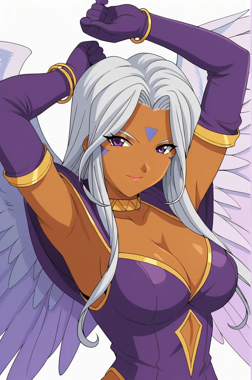 Urd,1girl,solo,facial mark,jewelry,forehead mark,breasts,long hair,dark skin,wings,gloves,elbow gloves,dark-skinned female,white hair,large breasts,bracelet,dress,choker,arms up,armpits,cleavage,purple eyes,white background,simple background,cape,score_9,score_8_up,