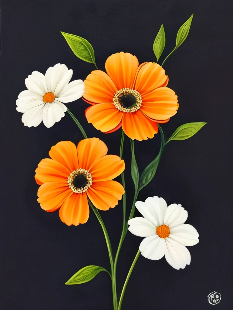 painting of three white flowers with orange petals on a black background, beautiful!!! digital art, beautiful detail and color, orange flowers, elegant flowers, beautiful flowers, glowing flowers, beautiful gorgeous digital art, wow it is beautiful, beautiful design, beautiful!!!!!!!!!, flowers!!!!, beautiful!!!!!!!!!!!!, beautiful flower, dark sienna and white, brown flowers, beautiful depiction