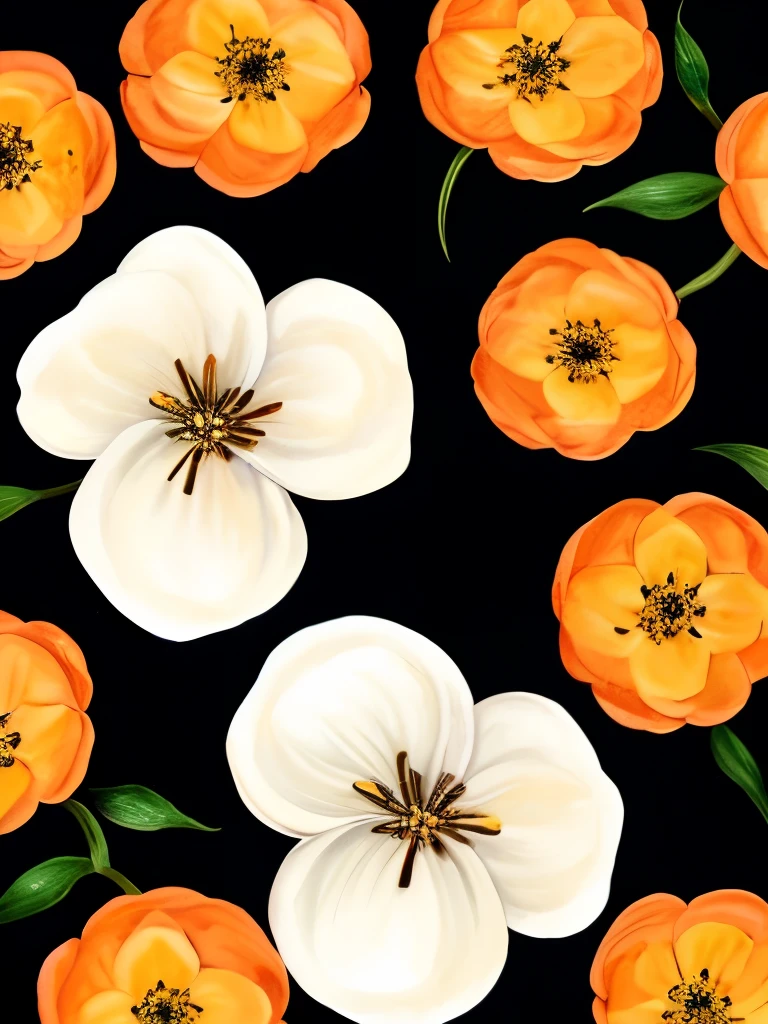 painting of three white flowers with orange petals on a black background, beautiful!!! digital art, beautiful detail and color, orange flowers, elegant flowers, beautiful flowers, glowing flowers, beautiful gorgeous digital art, wow it is beautiful, beautiful design, beautiful!!!!!!!!!, flowers!!!!, beautiful!!!!!!!!!!!!, beautiful flower, dark sienna and white, brown flowers, beautiful depiction