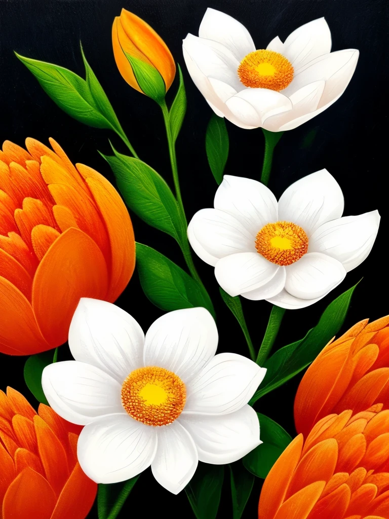 painting of three white flowers with orange petals on a black background, beautiful!!! digital art, beautiful detail and color, orange flowers, elegant flowers, beautiful flowers, glowing flowers, beautiful gorgeous digital art, wow it is beautiful, beautiful design, beautiful!!!!!!!!!, flowers!!!!, beautiful!!!!!!!!!!!!, beautiful flower, dark sienna and white, brown flowers, beautiful depiction