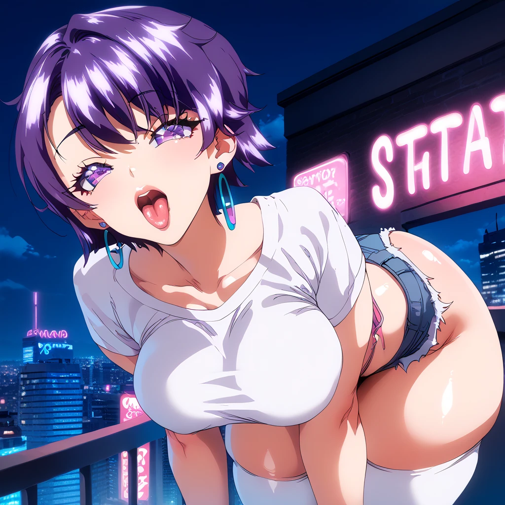 Nsfw, perfectly face, 1 female, purple short hair, blue high waisted shorts, pink thin strapped sleeveless top, perfect face, perfect purple eyes, round face, ear piercings, hoop earrings, tongue out, mouth wide open, puckered lips, city rooftop, night time, neon lights, perfect large breasts, white thigh highs, really colourful background, extremely thick thighs, extremely phat ass, phattest ass in the world, leaning forward, front view, shiney skin, leaning forward, sultry face