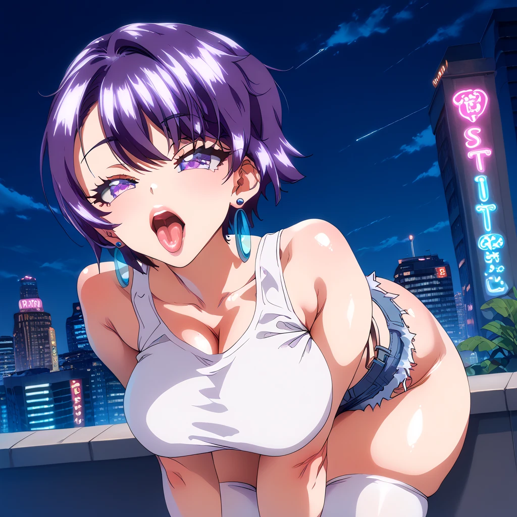 Nsfw, perfectly face, 1 female, purple short hair, blue high waisted shorts, pink thin strapped sleeveless top, perfect face, perfect purple eyes, round face, ear piercings, hoop earrings, tongue out, mouth wide open, puckered lips, city rooftop, night time, neon lights, perfect large breasts, white thigh highs, really colourful background, extremely thick thighs, extremely phat ass, phattest ass in the world, leaning forward, front view, shiney skin, leaning forward, sultry face