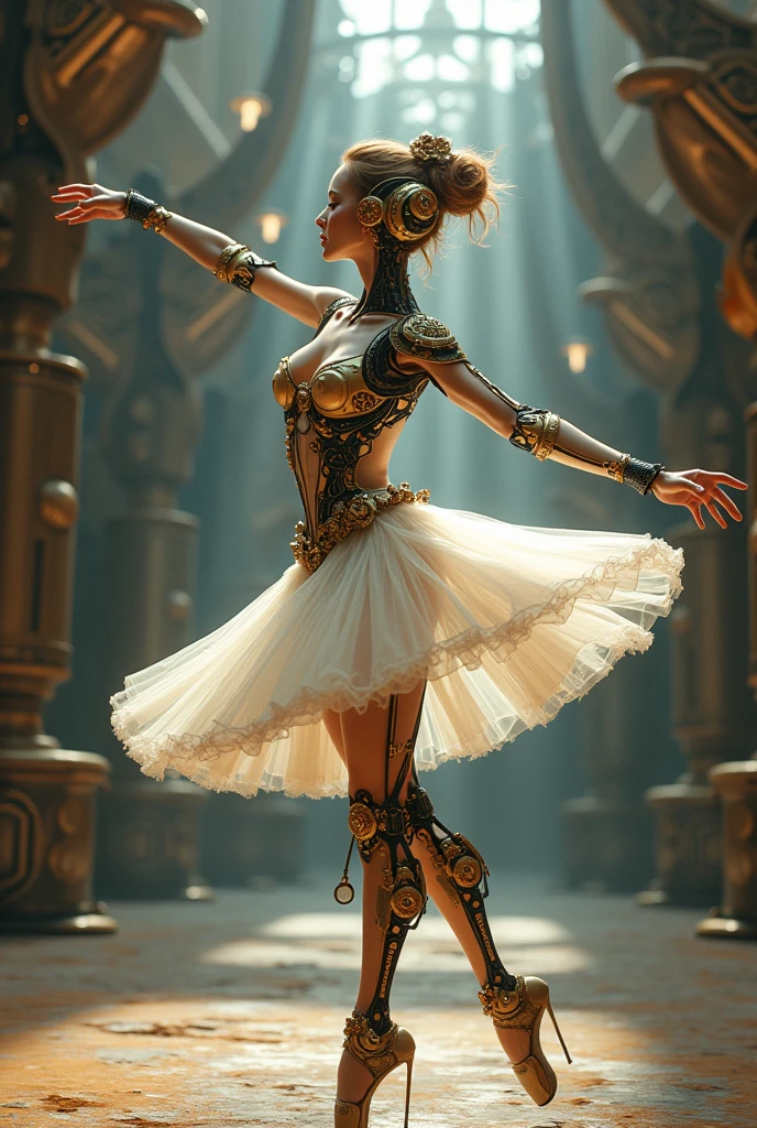 Mechanical Puppet, aesthetic, Cute, sparkling female ballerina puppet on strings at a Russian theatre. Highly detailed, photorealistic, 8k resolution. Intricate details, HDR, beautifully shot, hyperrealistic, sharp focus, megapixels, perfect composition, high contrast, cinematic, moody. graffiti art, splash art, street art, spray paint, oil gouache melting, acrylic, high contrast, colorful polychromatic, ultra detailed, ultra quality, CGSociety, intricate mech details, ground level shot, 8K resolution, Cinema 4D, Behance HD, polished metal, Unreal Engine 5, rendered in Blender, sci-fi, futuristic, trending on Artstation, epic, cinematic background, dramatic, atmospheric