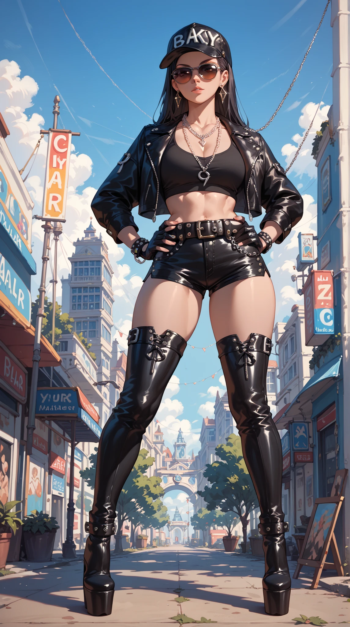 Partially Obscured,trucker hat,black hair,blue eyes,GtsGiga,Looming,Rampage,giantess art,black boots,leather jacket,white tank top,muscular,mature woman,solo,meduim bosom,obscured by clouds,Barbain 