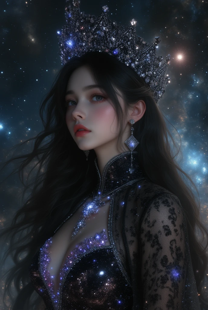  A 19-year-old European and Russian woman with European traits,  with jet black hair that falls in long waves with bangs , azero gray eyes ,  Pale and luminous skin . She wears a dark black Arabic-style dress with diamonds embedded in colors simulating a galaxy in the dress and a matching black crown, she is in the middle of a galaxy floating among the stars that illuminate her, she looks ethereal, bright and dazzling, like a goddess of the sky, quality hd 4k masterpiece . 