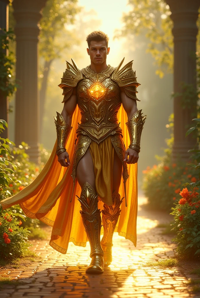 (full body), male focus, photo of BrettSwanson, realism, dynamic pose, looking at viewer, wearing golden plate armor, with tree and leaf pattern, bracers, belt, cape <lora:BrettSwanson:0.8> , posing, relaxed natural expression, elar, <lora:ElvenArmor-10:0.6>, professional light, cinematic lighting, fashion photography, ambient lighting, <lora:add_detail:0.3>