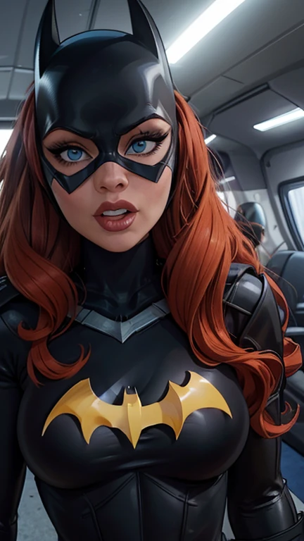 (Best quality,4K,8K,A high resolution,tmasterpiece:1.2),ultra - detailed,(actual,realistically,realistically:1.37),Ultra HD face, HighDynamicRange,hyper HD,Studio lighting,Ultra-fine painting,Focus sharp,physically-based renderingt,Extremely detailed description,professional,terror,japanese manga,sci-fy,photography,Concept artist, redhead woman, Beutiful women, batgirl clothes, Batgirl cosplay, Highlight people, natta, photore (tmasterpiece) (Best quality at best) (the detail) (8K) (k hd) (Wallpapers) (电影灯光) (Focus sharp) (iintricate), Raised sexy, Sateen, Water Moisture, safe, Best quality at best, 超A high resolution, realistically, full-body portraits, Incredibly beautiful, dynamicposes,sexy hot body, Colossal tits, Crazy breast swelling, Chest larger than shoulder blades, Slimming the waist, Fitness model, breath through, Guido, inside car
