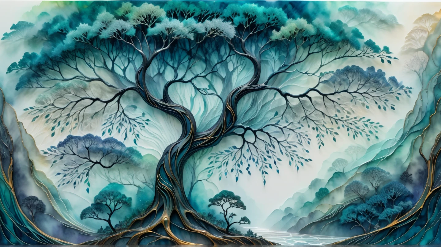 a tree surrounded by mist, a tree with birds perched in its branches, a tree by a waterfall, nested within intricate shapes, suspended in a boundless void, delicate layers of refinement, in the style of alcohol ink, waves of undulating textures, in the style of carving, painted in soft masterpiece, detailed, best quality, absurd resolution uhd, 8k,