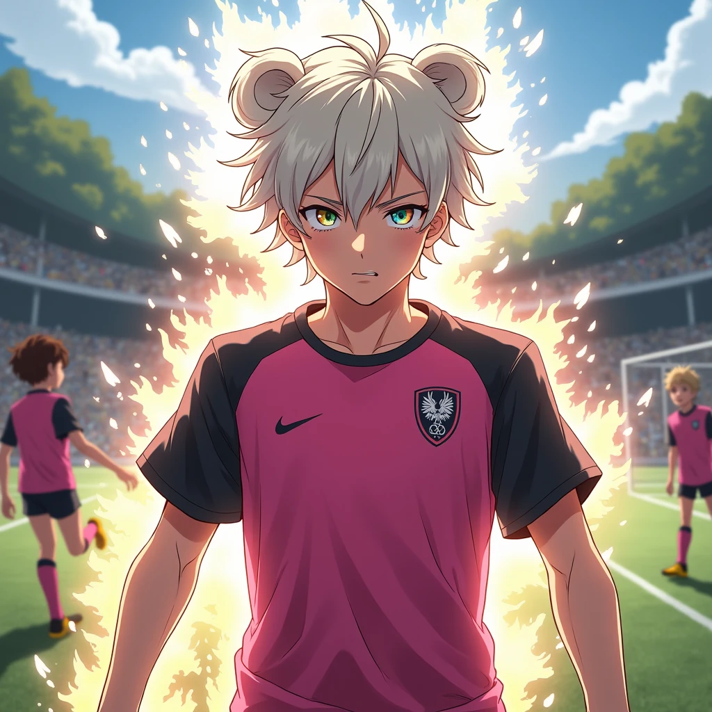 anime boy, , mature,  pink and black soccer uniform , light hair,  multicolored eyes , soccer camp, fullbody, animal bear aura