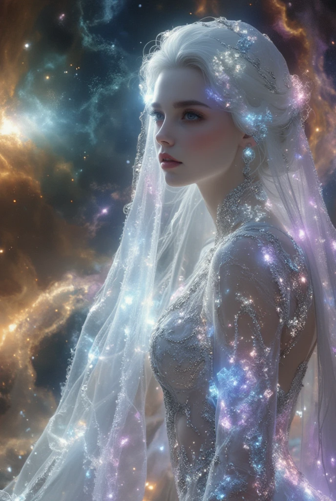  A 19-year-old European and Russian woman ,  with pure white hair like the snow that falls in waves, laegi ,  heavenly eyes ,  Pale and luminous skin . She wears a white Arabian style dress with diamonds embedded in colors simulating a galaxy in the dress and a matching veil, she is in the middle of a galaxy floating among the stars that illuminate her, she looks ethereal, bright and dazzling, like a goddess of the sky, quality hd 4k masterpiece . 