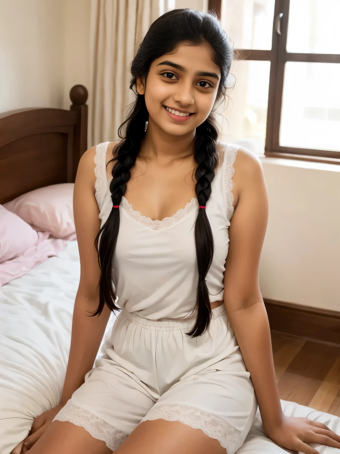 indian  teen  girl, wearing white clothes  , in the bedroom,  full body , wide, braided hair with plait , (chubby), photorealistic, detail, skin texture, super detail, delicate and sexy collarbone, smile