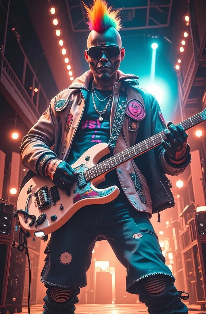 (  masterpiece :1.2), A photorealistic photo of Mumm-Ra, alone,    full body of a young punk in a black leather jacket:1.5, ((   mohawk in various colors   .)), self-confident ,  dynamic pose with electric guitar  (  very detailed :1.3) (   punk rock guitar with hair  ) ,(   playing the guitar on a punk style stage   ,  The punk flag   ,    jacket and leather pants in various colors   , (  with punk-style spikes and studs  :1.3)),   tattoos that refer to the punk style  , malicious, (  very detailed :1.3) 8K,    dark stage lights   , In that  (( epic lighting )), pulgar 