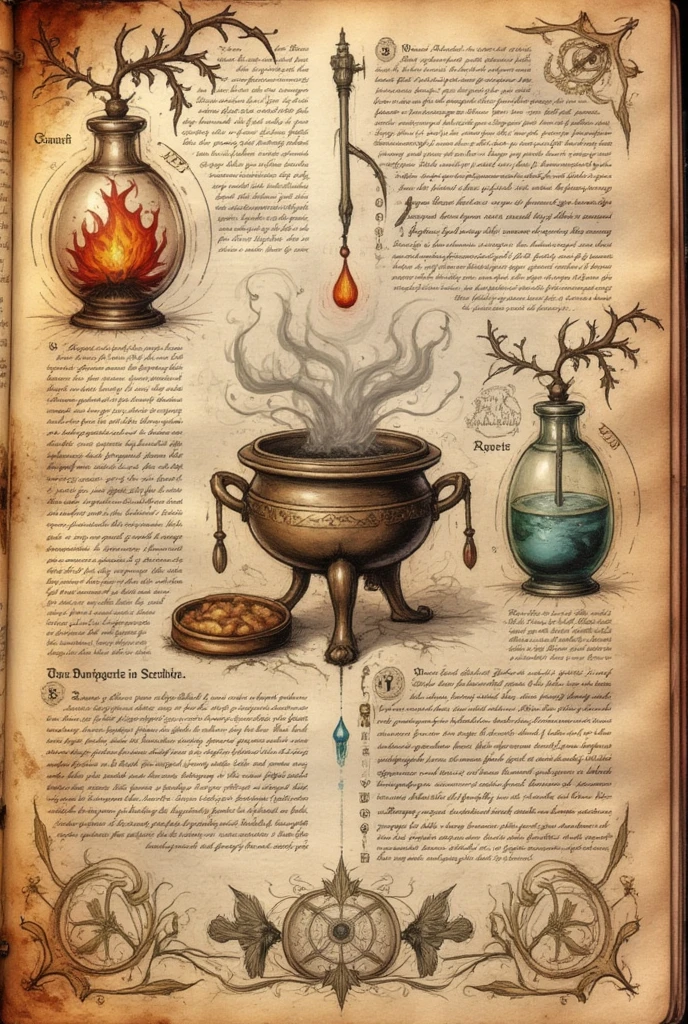 spllbkpg ,  A page of observations by an alchemist ,  showing the effects of combining fiery and water entities ,  with a sketched cauldron in the center ,  half filled with liquid and emitting steam .  In the upper left corner , . A small bottle with a flame swirling inside is marked as “The Essence of Fire”.Right, } shows a tiny drop from another bottle labeled “Tears of the Sea” ,  falling into a mixture . below,  experimental notes describe the observed reactions ,  framed by decorative curbs and elemental runes ., spllbkpg 