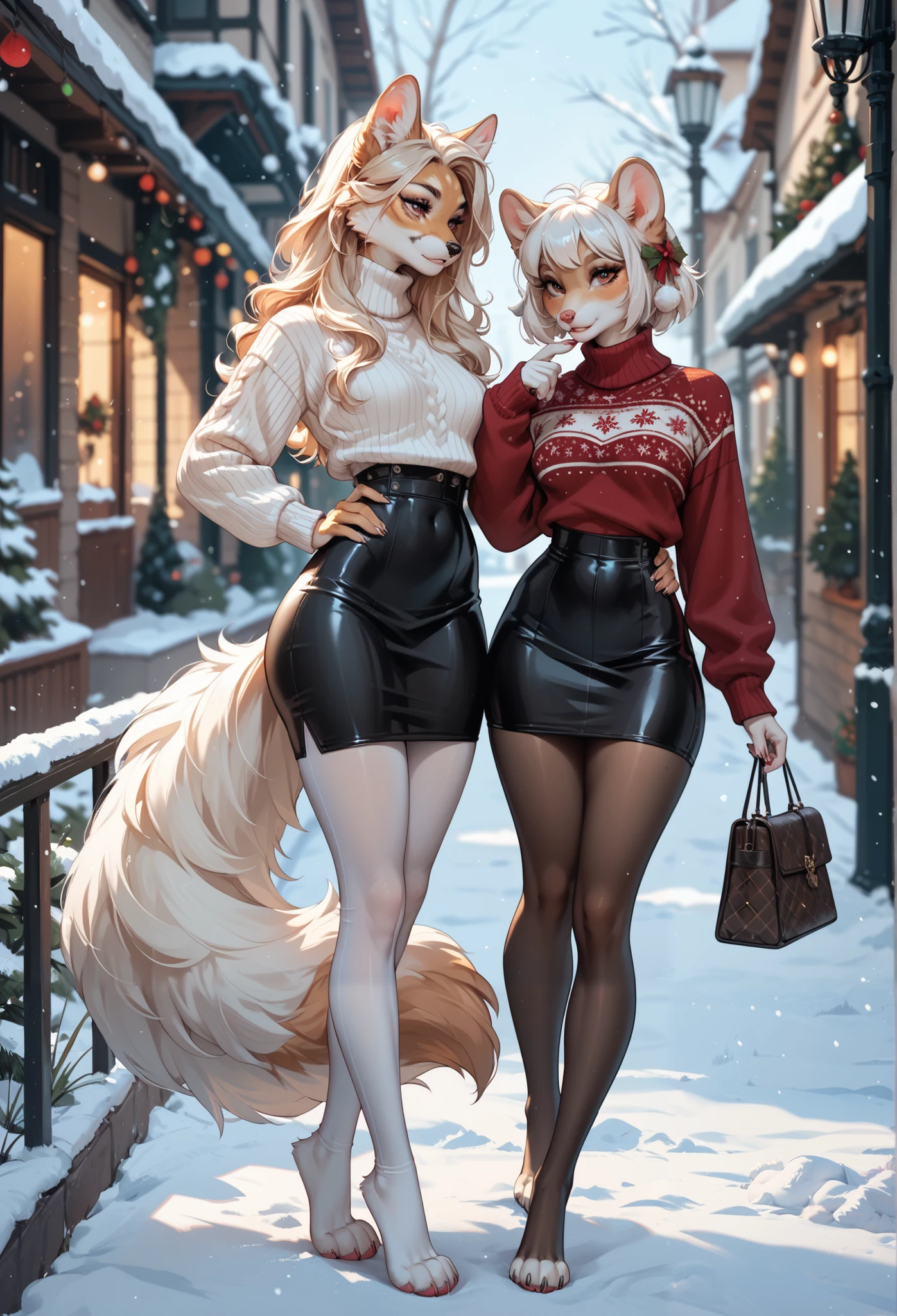 2 furry girls, tight skirt, pantyhose, furry, fluffy tail, slim waist, wide hips, large butt, small perky breasts, sweater, paws, winter, white fur, beautiful hair, seductive eyes, lesbian