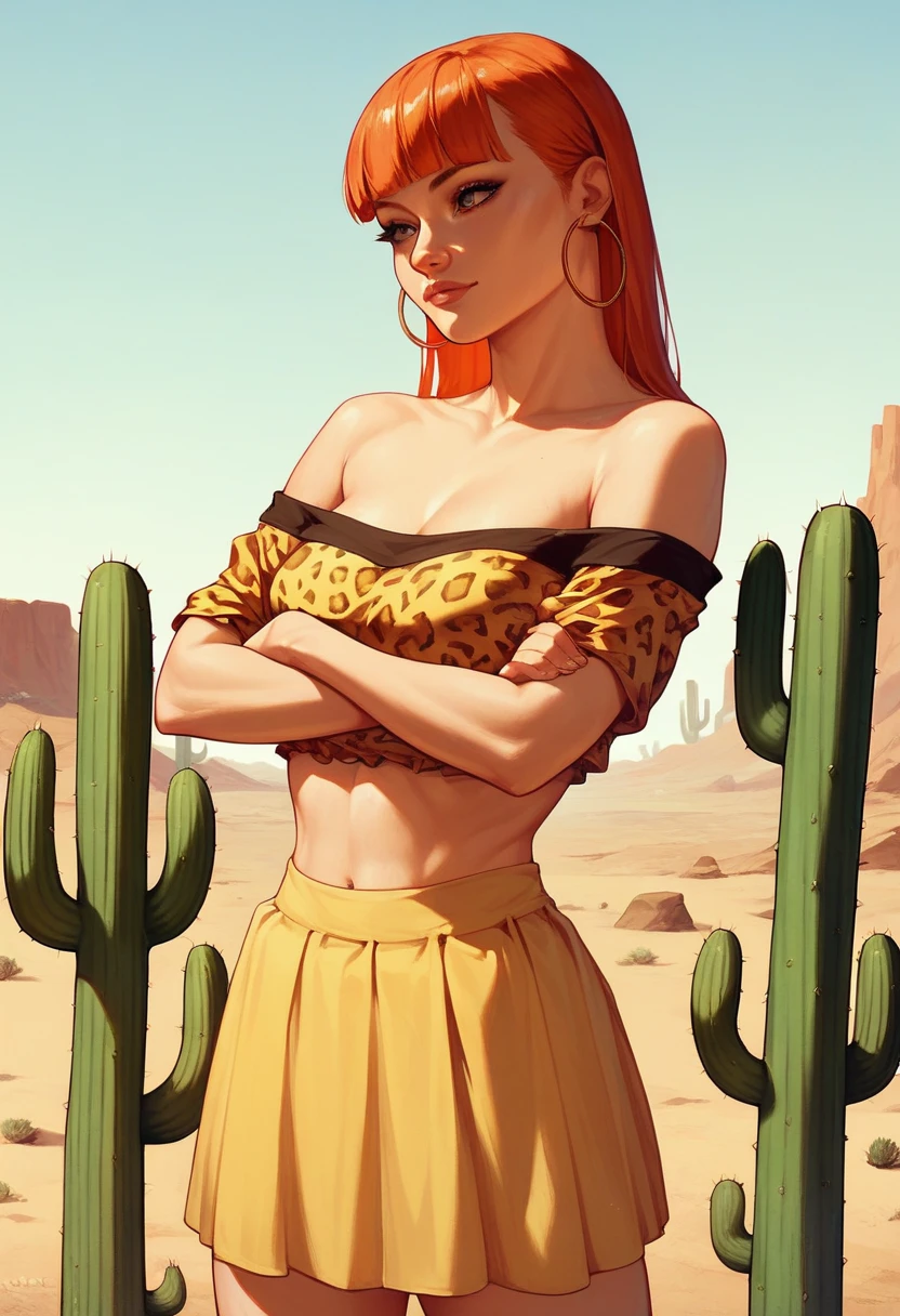 a woman in a leopard print top and a frilly yellow skirt, arms crossed, standing in a desert, Ginger hair with blunt bangs, hoop earrings, cactus