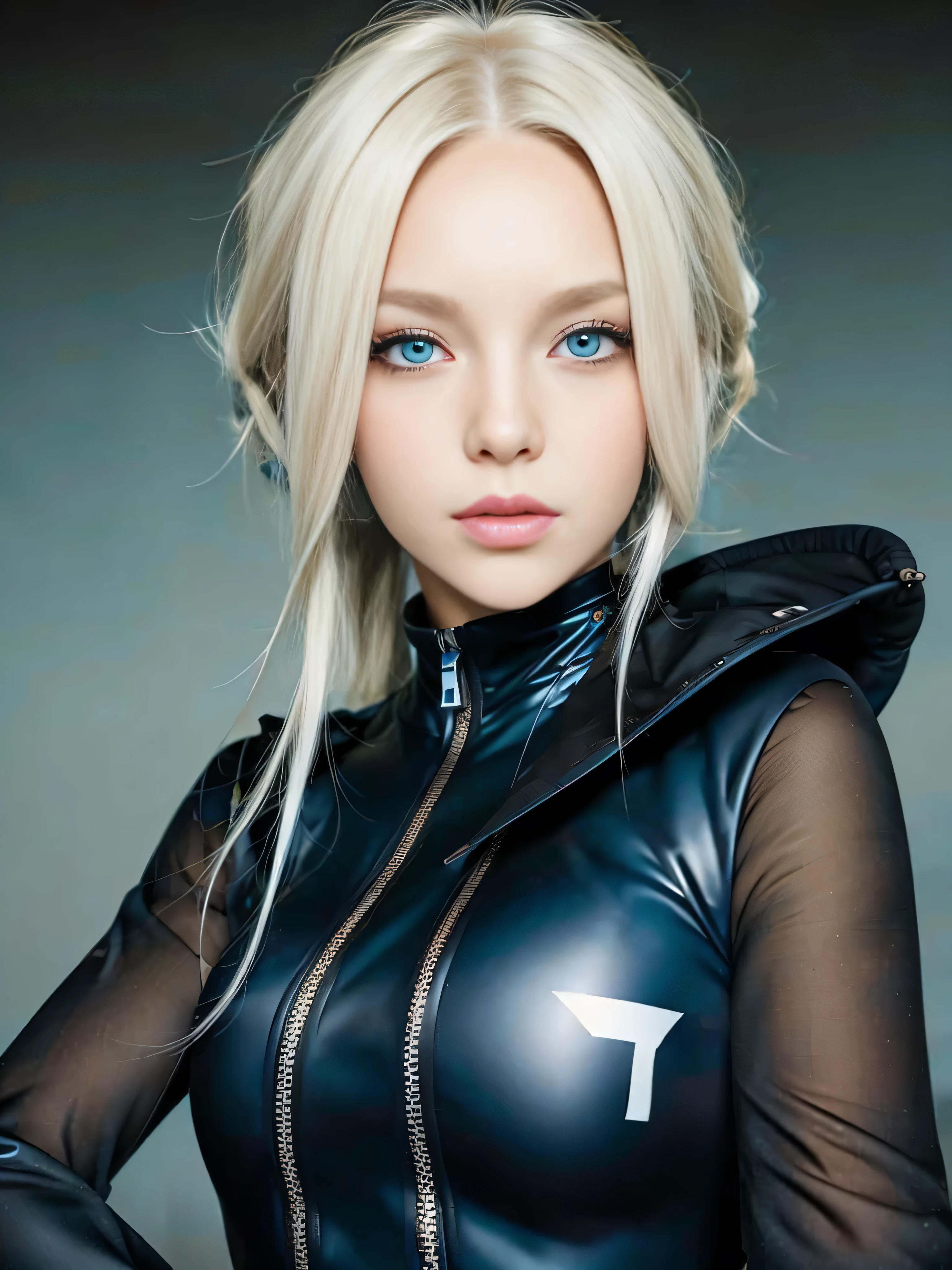 woman with ,Golden white hair,Blue eyes,,,Black spacesuit