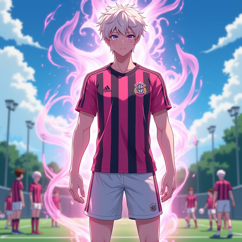 Nagi Seichirou, anime boy, teen, mature,  pink and black soccer uniform , light hair,  multicolored eyes , soccer camp, fullbody, animal bear aura