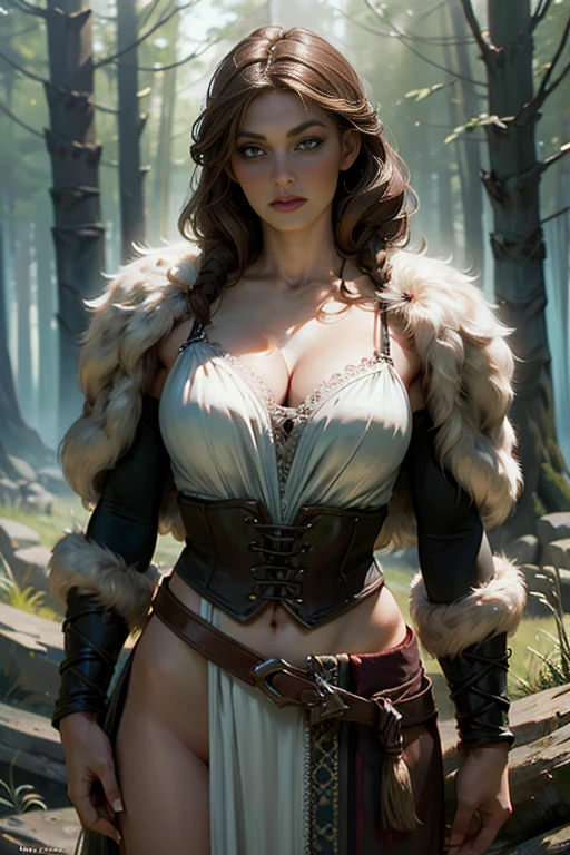 A detailed illustration of a beautiful brunette barbarian woman with braided hair, standing confidently in a forest. She is photorealistic fay3. She has an innocent expression with blue eyes, detailed eyes, perfecteyes eyes. Her barbarian leather armor features intricate design and adorned with a fur belt and a fur skirt, complemented by leather straps, with a sexy laced collar. She also wears a long fur shawl which covers her sexy parts, while carrying a two handed sword and displaying a striking runic tattoo on her skin. Her thick muscular figure includes a slim waist, wide hips, and big natural breasts, standing tall with an air of strength and confidence and an exposed belly. There is a lot of (((blood on her cleavage))) and body.

The sunlight filters with a soft lighting through the trees, creating a spotlight effect on his face and chest, while the lower body is softly shadowed. The scene is set in a tundra forest, creating a detailed and immersive background. 

Rendered in a (((realistic))), ((fantasy style)) with (((masterpiece))) quality, 8k resolution, ((highest quality)), (((high resolution))), and (((super detailed))) focus, creating a visually stunning image.