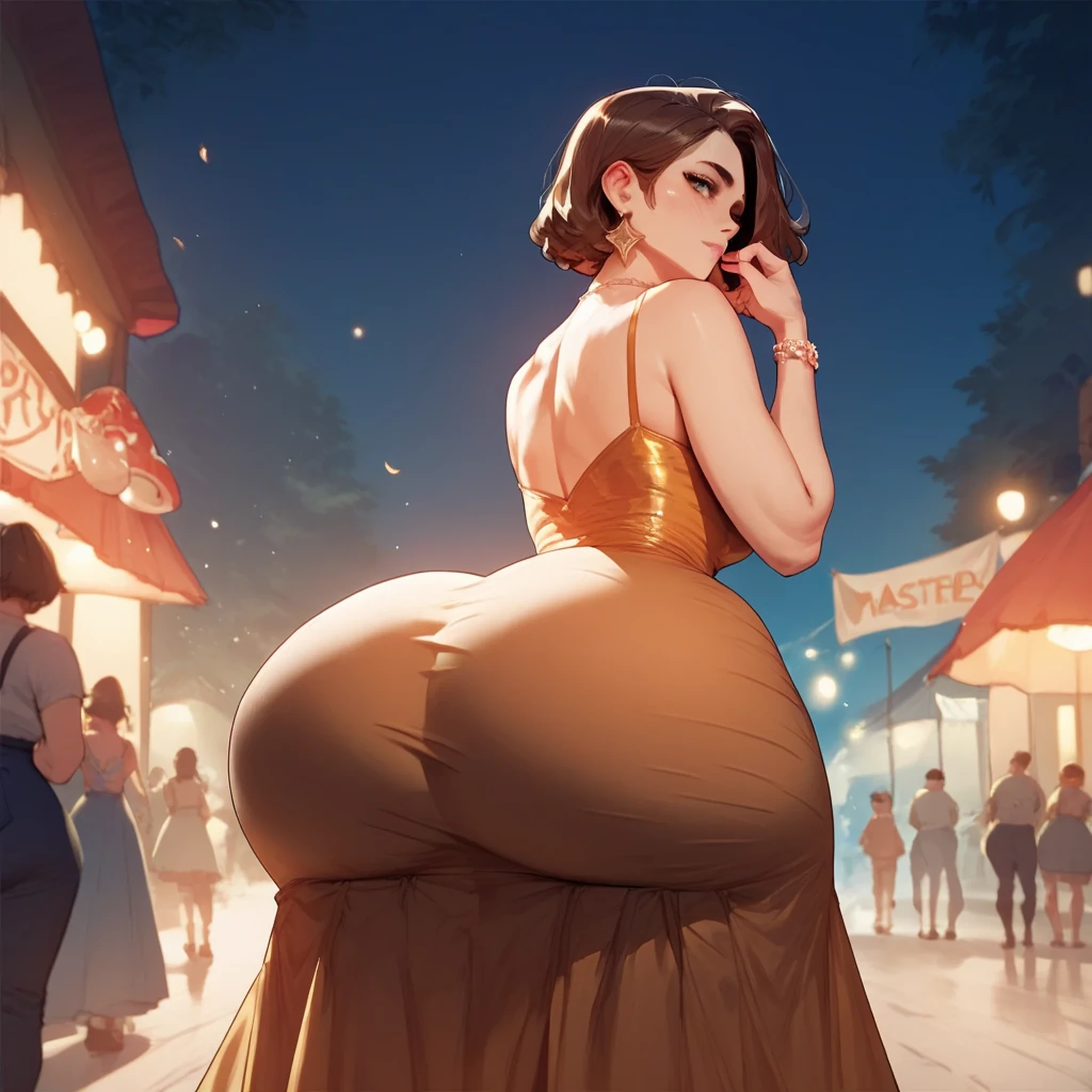 Woman wearing a dress in the night with party some parts shining on her looking at the camera. Masterpice, Big butt, dark brown hair.