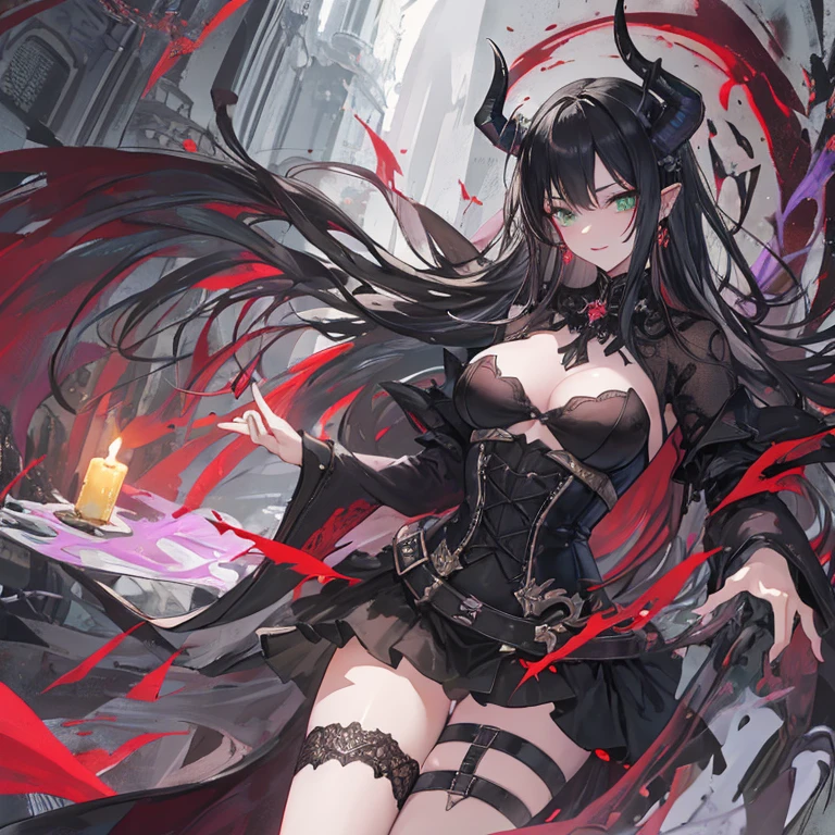 (Beautiful style demon-girl at a demon graffiti urban)), ((black lace pattern cropped top)), (wrinkle skirt), Garter belt and black lace stockings, (red to black gradation hair color), high quality, highly detailed, Full body, Head to toe, clean detailed faces, (((perfect anatomical hands and fingers))), eight-headed body proportions, intricate clothing, high heel shoes, bind hair, cute face, slim waist, nice hips, (long and slender legs)(style anime school xdx)