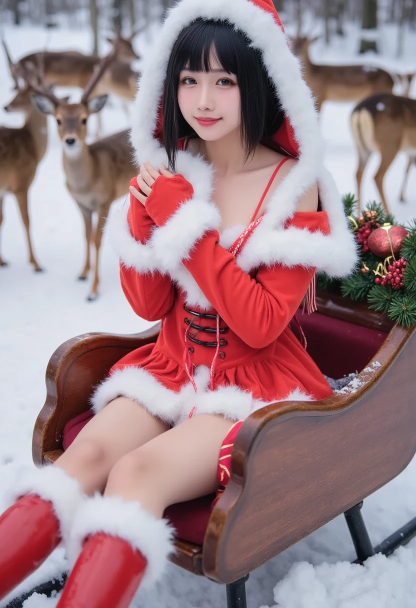 1girl,solo,asian,smile,Santa dress up,Christmas hat,Christmas skirt,flesh colored pantyhose,Christmas boots,sitting in sleigh,deers,looking at viewer,outdoors,snow,bright,masterpiece,realistic,best quality,highly detailed,highres,plns,cher