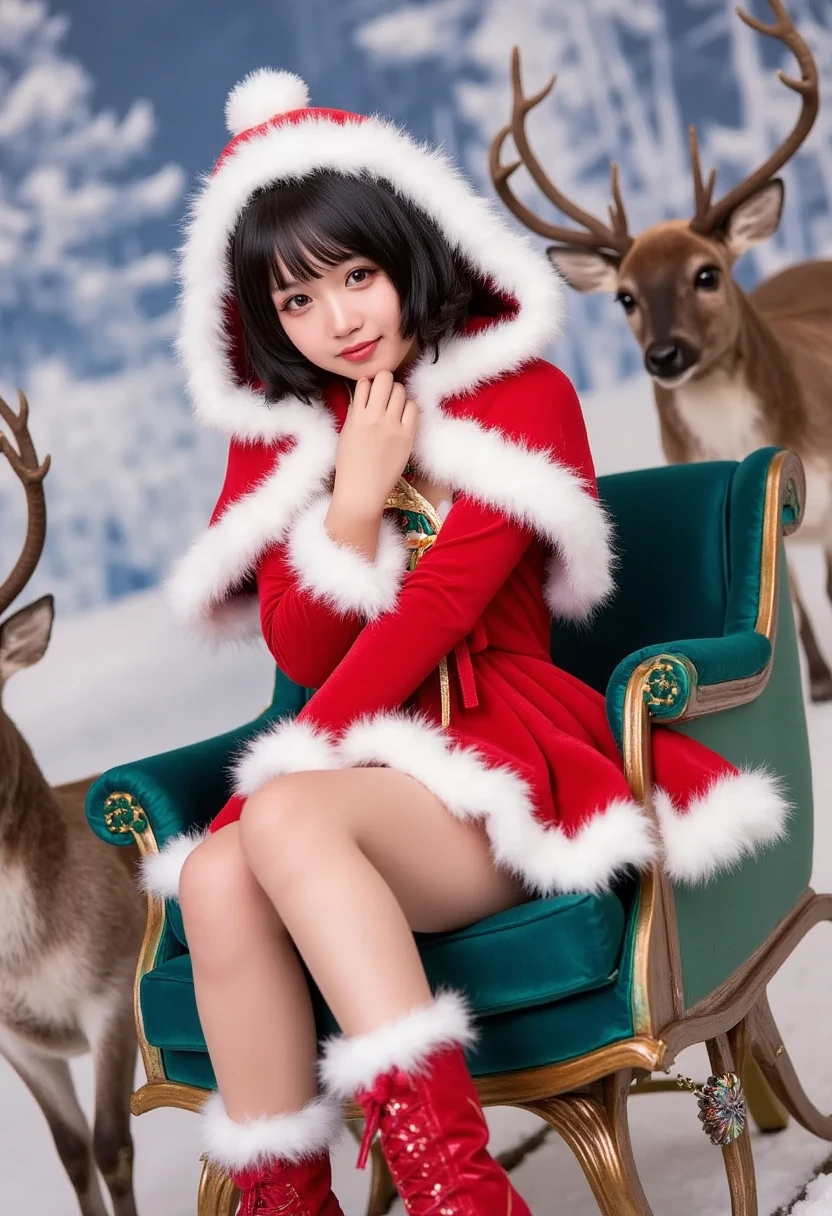 1girl,solo,asian,smile,Santa dress up,Christmas hat,Christmas skirt,flesh colored pantyhose,Christmas boots,sitting in sleigh,deers,looking at viewer,outdoors,snow,bright,masterpiece,realistic,best quality,highly detailed,highres,plns,cher